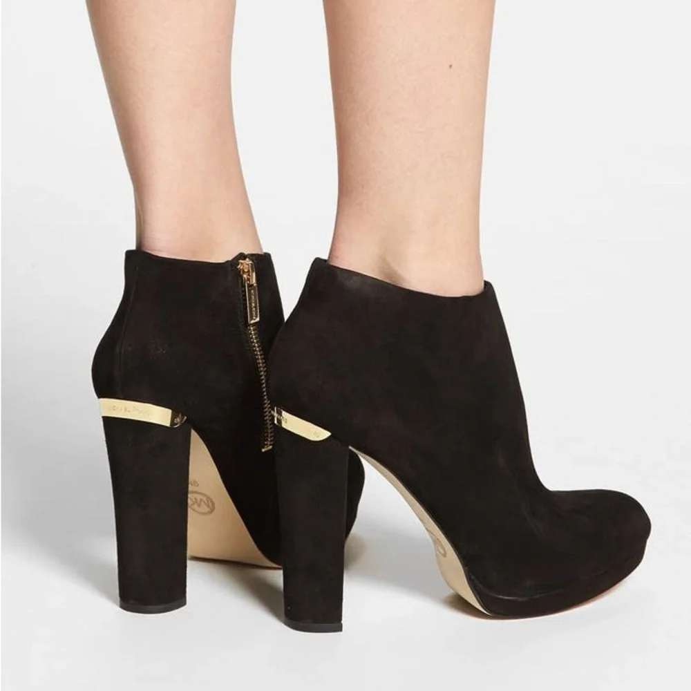 Michael Kors Haven Platform Booties‎ Black Suede Ankle with Gold Accents 9 M